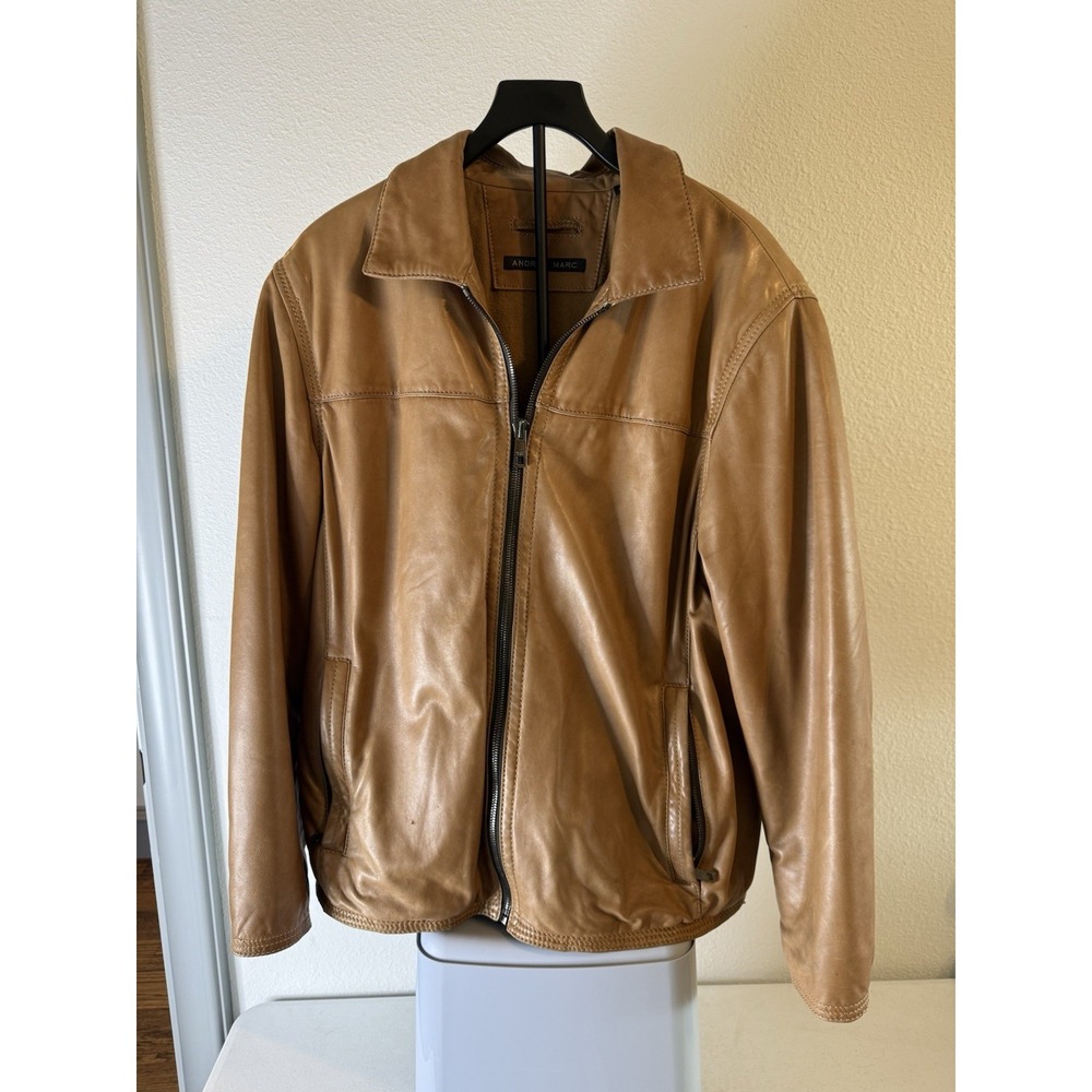 Andrew Marc Men's Leather Jacket Zip Cognac Rebel Motorcycle Size L